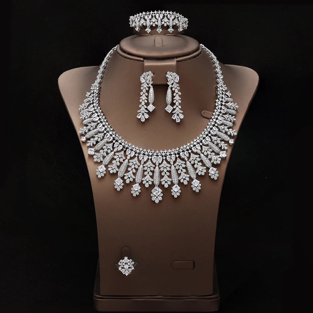 4pcs Bridal Zirconia Full Jewelry Sets For Women Party, Luxury Dubai Nigeria CZ Crystal Wedding Jewelry Sets