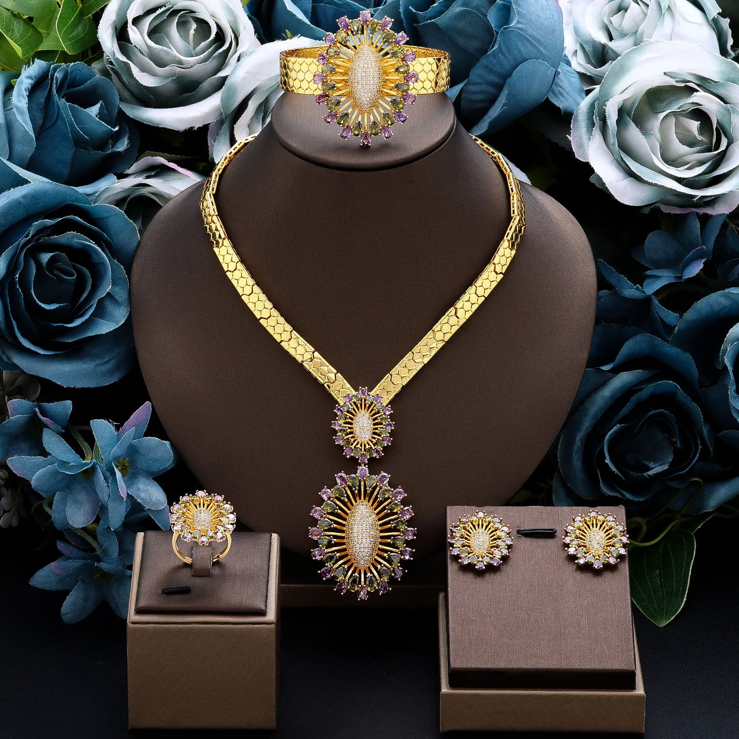 2024 Bridal Wedding Jewelry Set for Women Gold Plated Nigerian African 4pcs Jewelry Necklace Earrings Set Green Red CZ Zirconia