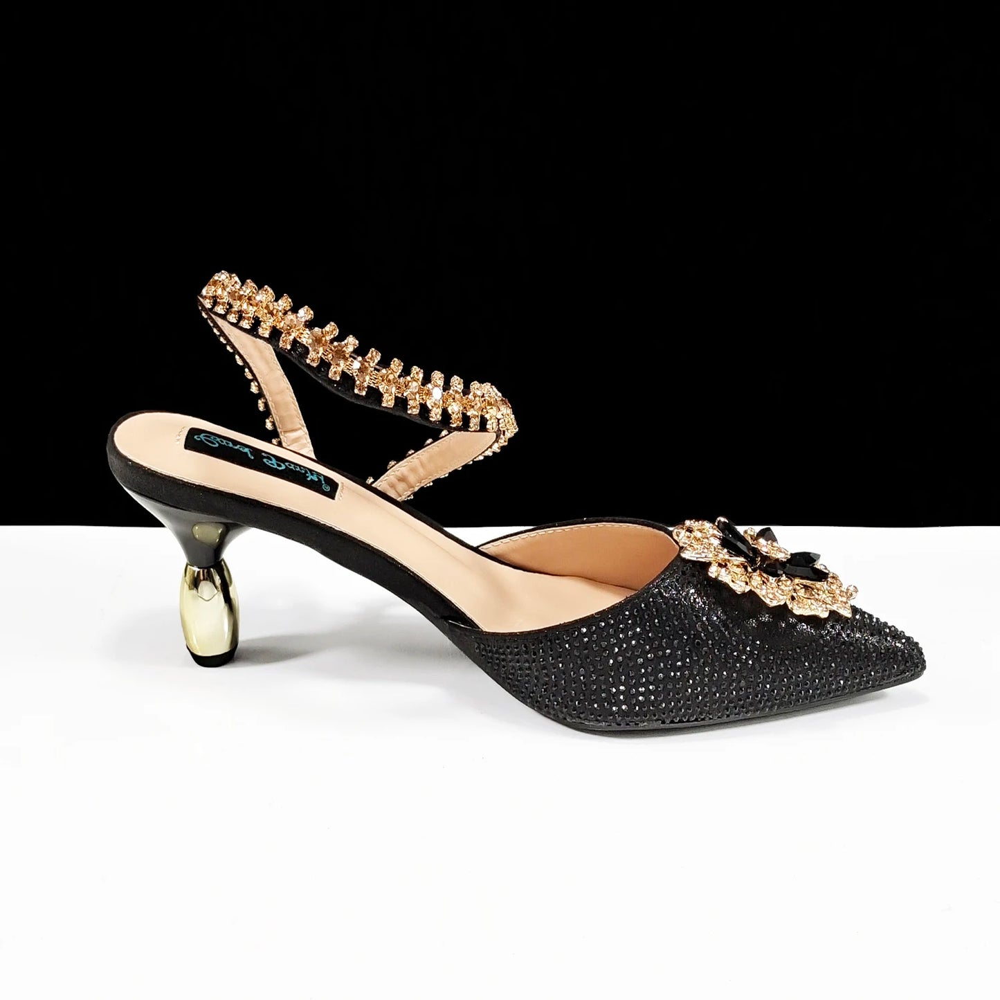 Party Perfection: Rhinestone-Embellished Heels and Gold Mini Bag for Elegant Nights