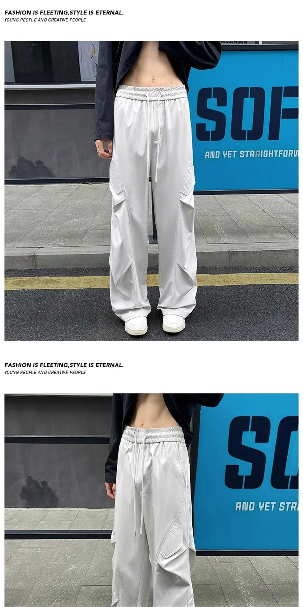 Fashion ice silk quick drying pants for men's summer thin pleated paratrooper work pants for teenagers loose casual spor pants