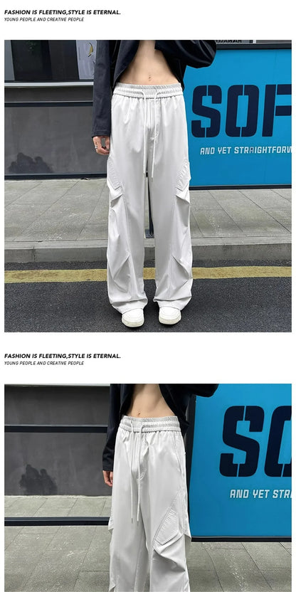 Fashion ice silk quick drying pants for men's summer thin pleated paratrooper work pants for teenagers loose casual spor pants