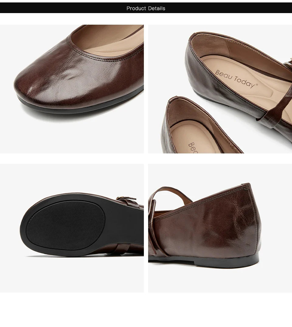 Mary Janes Women Calfskin Leather Round Toe Pleated Pattern Buckle Strap Solid Color Flat Shoes Ladies Handmade 28337