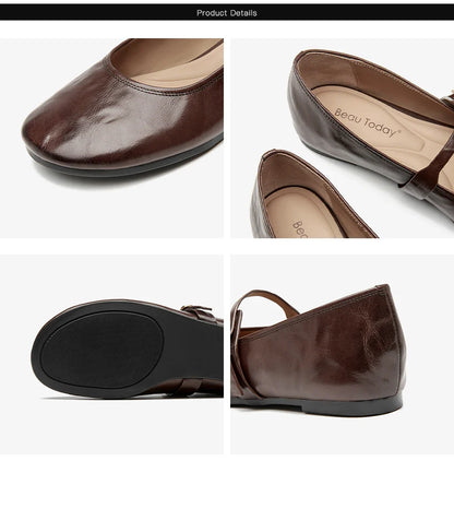 Mary Janes Women Calfskin Leather Round Toe Pleated Pattern Buckle Strap Solid Color Flat Shoes Ladies Handmade 28337