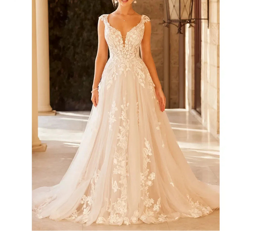 Elegant Wedding Dress For Women V-Neck Cap Sleeve Lace Appliques Vestido De Noiva With Button Sweep Train Custom Made