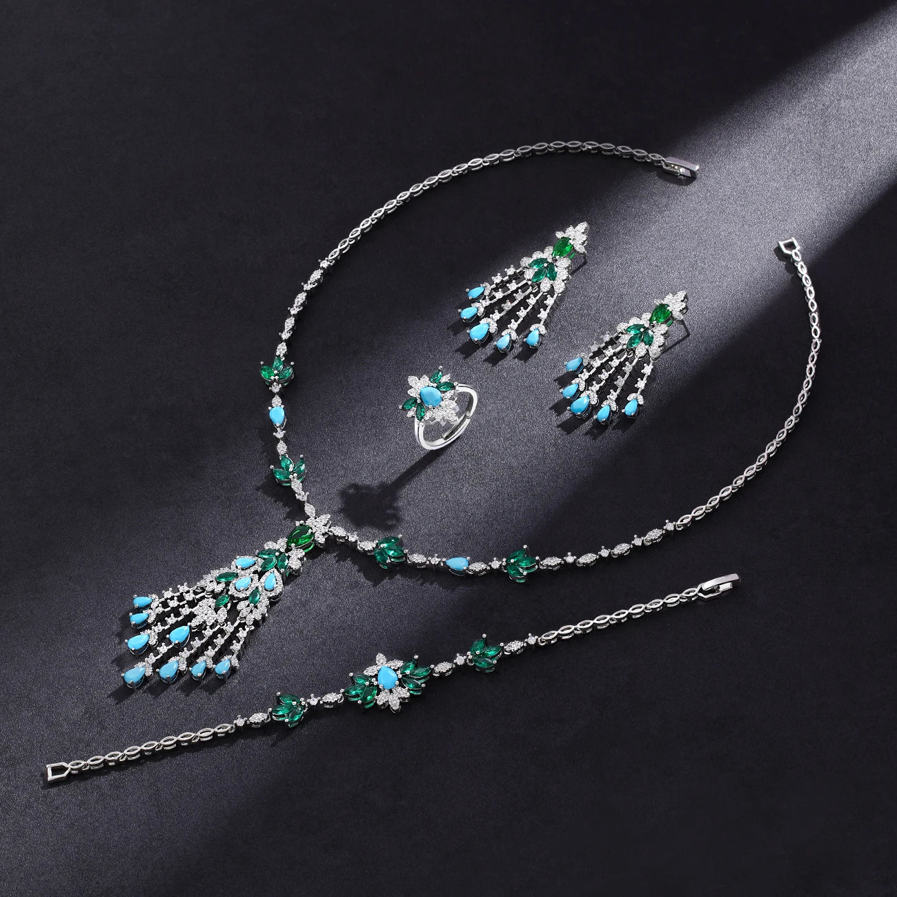 2024 New Exquisite Turquoise Dubai Jewelry Sets for Wedding Bridal Wedding Party 4 Pieces Set Accessories