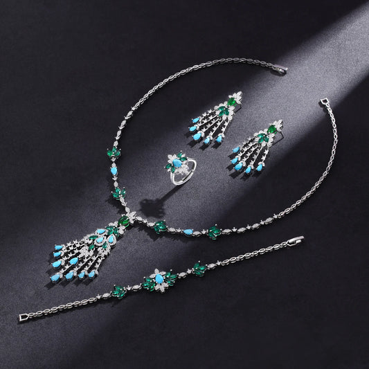2024 New Exquisite Turquoise Dubai Jewelry Sets for Wedding Bridal Wedding Party 4 Pieces Set Accessories