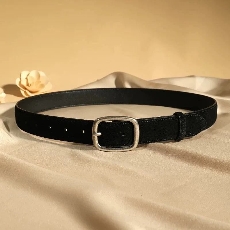 Fashion Suede Cowhide Women‘s Belts Genuine Leather 2.8cm Wide Belt Metal Buckle Women Belt Matched Dress Jeans Skinny Girdle