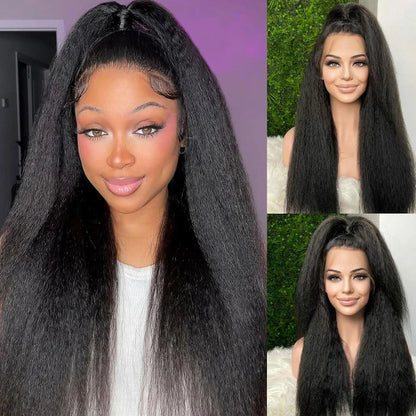 13x4 Kinky Straight Lace Front Human Hair Wig With Kinky Edges Baby Hair Glueless Yaki Straight HD Lace Frontal Wig 250% Denisty