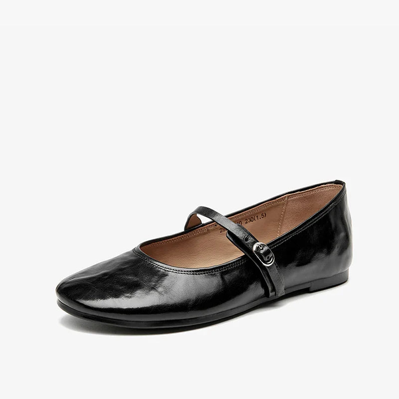 Mary Janes Women Calfskin Leather Round Toe Pleated Pattern Buckle Strap Solid Color Flat Shoes Ladies Handmade 28337