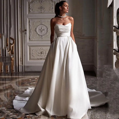 Church Simple A Line Wedding Gown For Women Sweetheart Pleats Customized Wedding Dress Long Reception Party Bride Dress