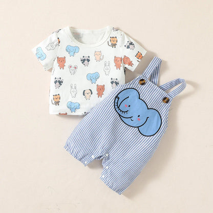 2PCS Baby Boys Summer Short Sleeve Cartoon Animal Suspenders Suit For Newborn-6M Casual Daily Wear