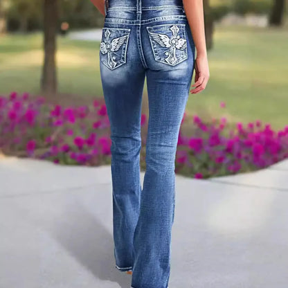 Women's High Waist Embroidery Boot Cut Jeans