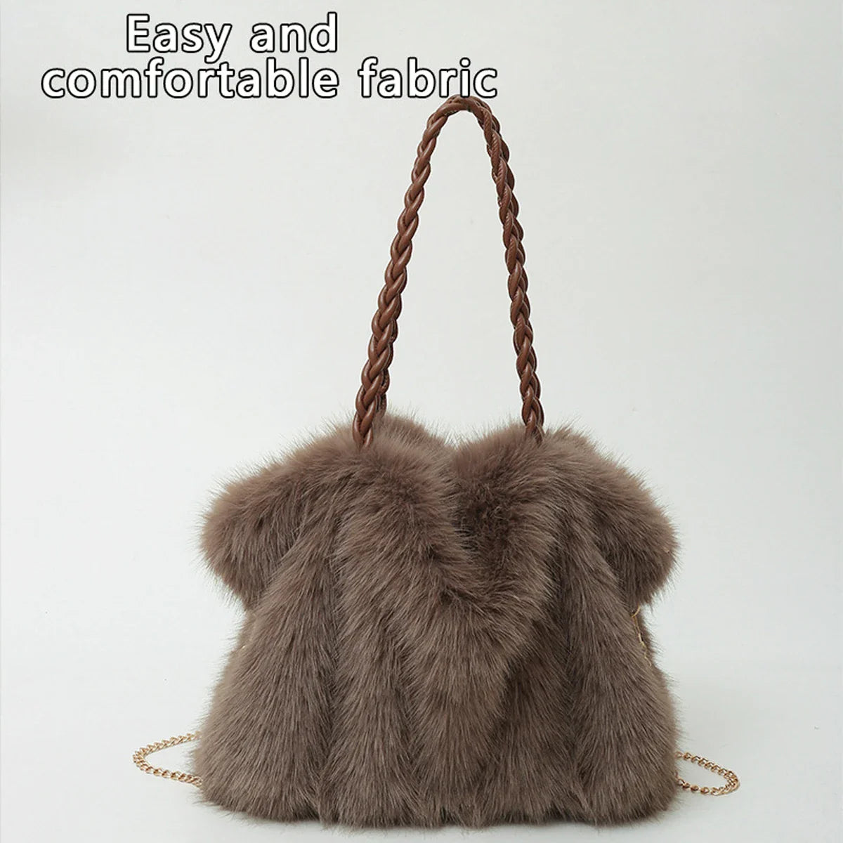 Women's Fashionable Plush Large Capacity Tote Bag High-end Pleated Fox Fur Shoulder Crossbody Bag Commuter Bag with Metal Chain