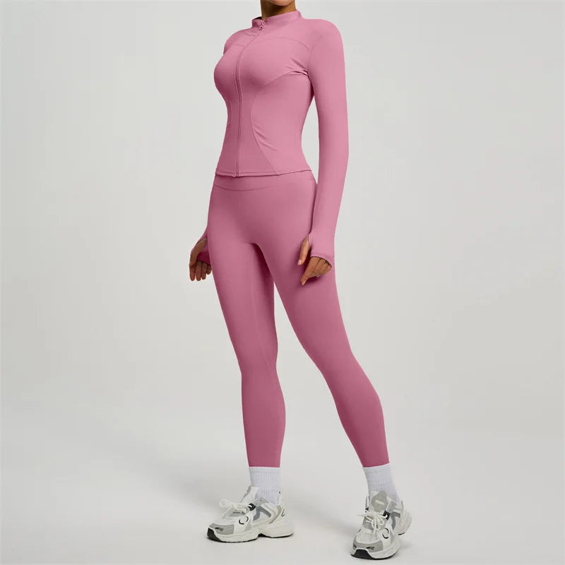 Yoga Coat Sports Top Long Sleeve Jacket Fitness Breathable Women's Tracksuit High Waist Leggings Two Piece Set Gym Clothes