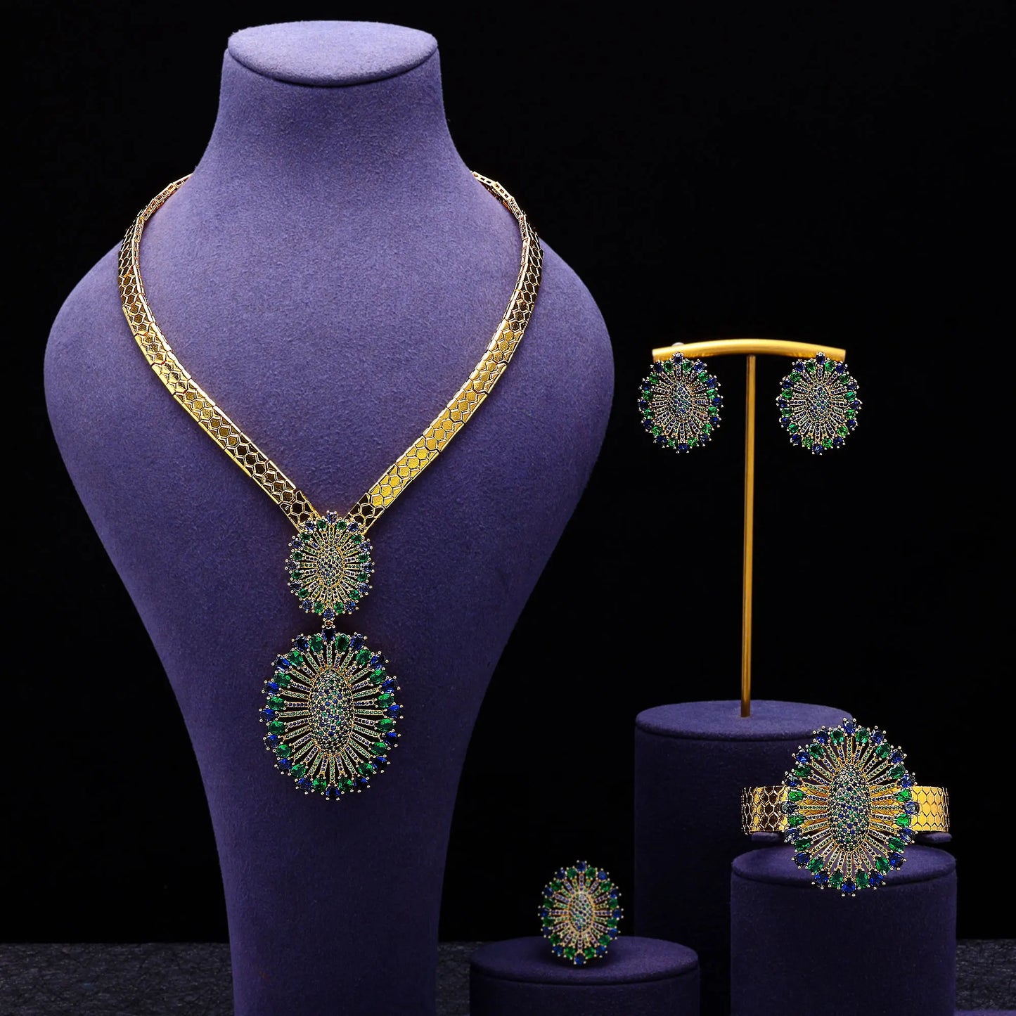 2024 Bridal Wedding Jewelry Set for Women Gold Plated Nigerian African 4pcs Jewelry Necklace Earrings Set Green Red CZ Zirconia