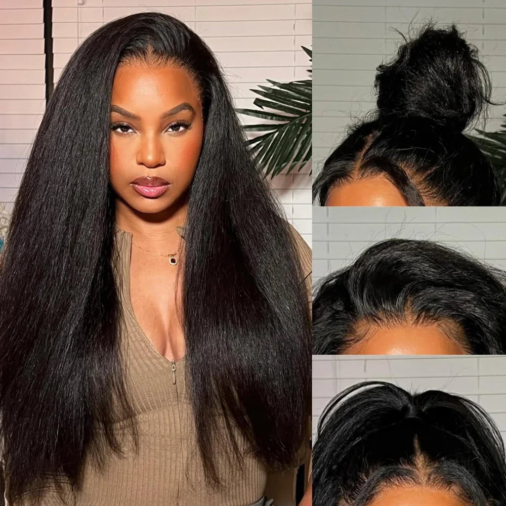 13x4 Kinky Straight Lace Front Human Hair Wig With Kinky Edges Baby Hair Glueless Yaki Straight HD Lace Frontal Wig 250% Denisty