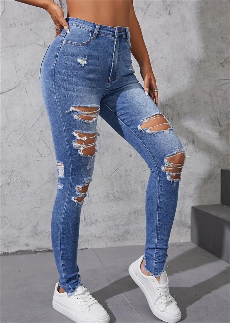 Women's Ripped Skinny Jeans Fashionable High Stretch Slim Fit Butt