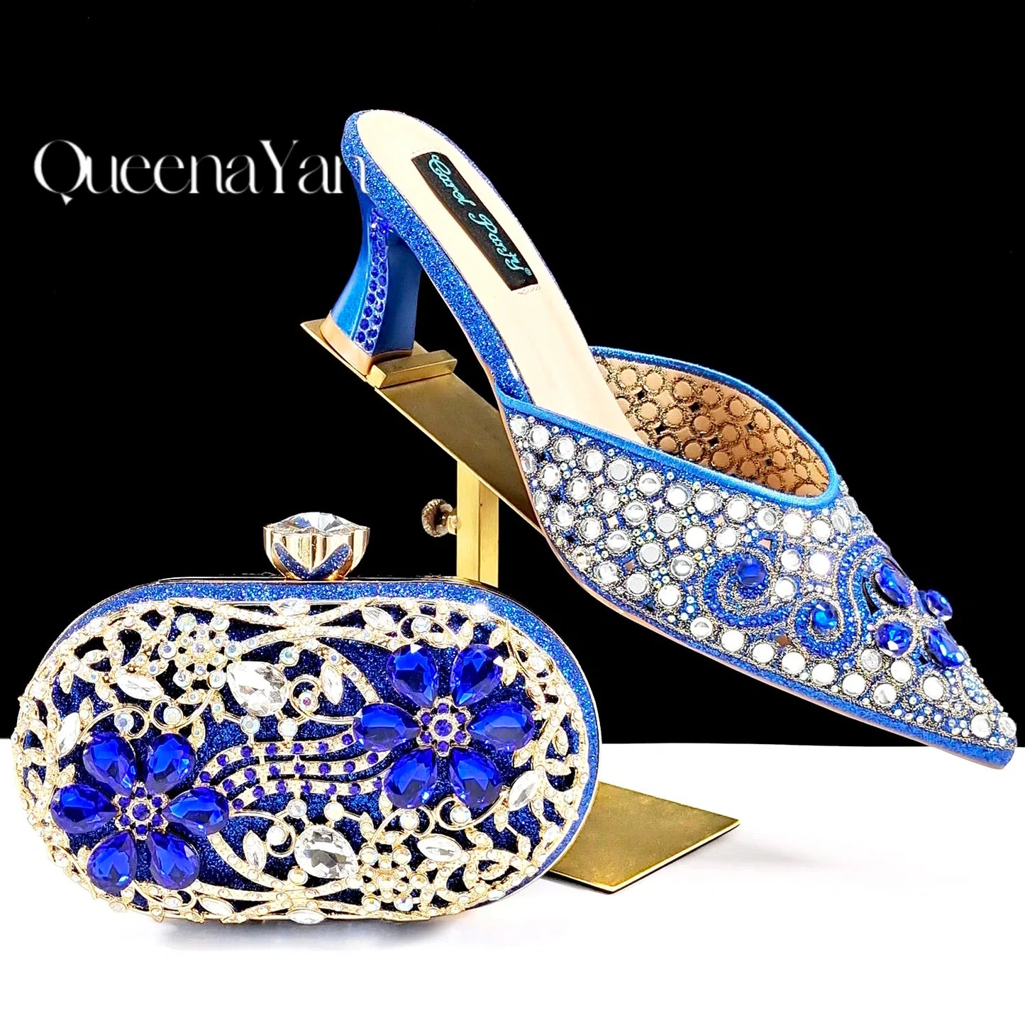 BLUE Rhinestone-encrusted Sex Ladies Shoes / MATCHING  SPARKING MINI BAG (SPECIAL COLLECTION)
