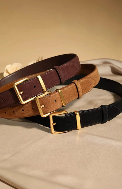 Luxury Suede Cowhide Leather Belt for Women, Vintage Style with Gold Buckle, 3.3cm Wide Waistband for Dresses & Jeans