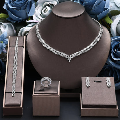 4 pieces of bride zirconia full set of women's party jewelry, luxury Dubai Nigeria CZ luxury crystal wedding necklace set