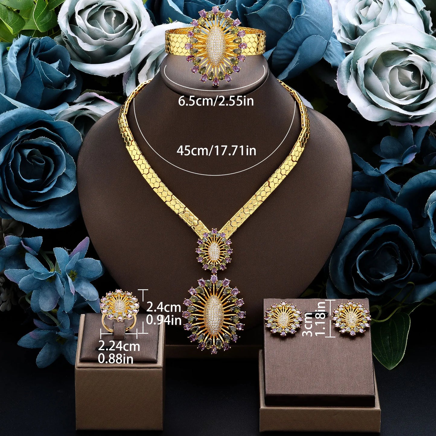 2024 Bridal Wedding Jewelry Set for Women Gold Plated Nigerian African 4pcs Jewelry Necklace Earrings Set Green Red CZ Zirconia