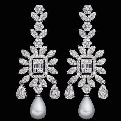 Elegante Conjunto de Joias de Noiva Pérolas Zircônias CZ Para Mulheres 4 Peças Corrente Ajustável 2024 Joia de Festa de Casamento da Noiva