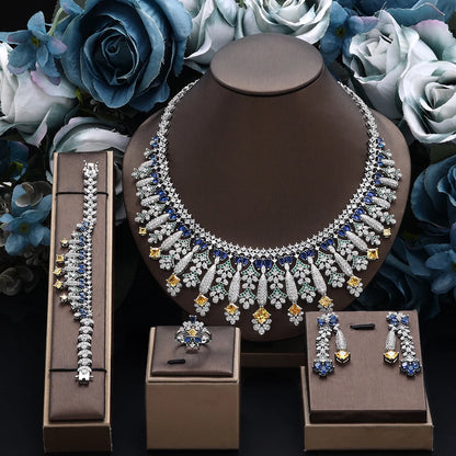 4pcs Bridal Zirconia Full Jewelry Sets For Women Party, Luxury Dubai Nigeria CZ Crystal Wedding Jewelry Sets
