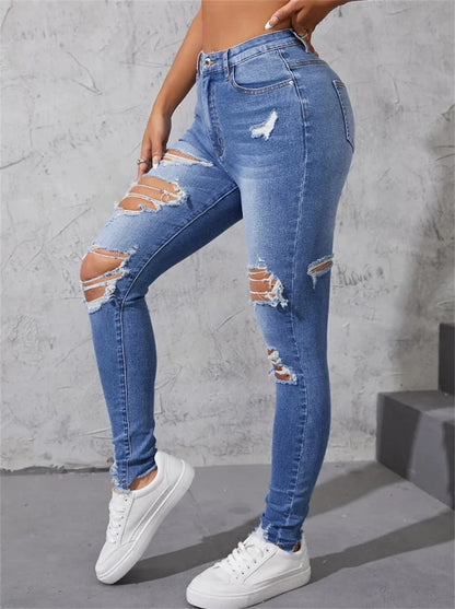 Women's Ripped Skinny Jeans Fashionable High Stretch Slim Fit Butt