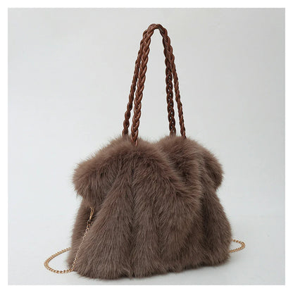 Women's Fashionable Plush Large Capacity Tote Bag High-end Pleated Fox Fur Shoulder Crossbody Bag Commuter Bag with Metal Chain