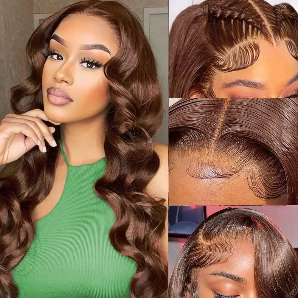 34 Inch  Body Wave Chocolate Brown Lace Front Wigs Human Hair Pre Plucked Brazilian Brown Virgin Hair Glueless HD Frontal Wig