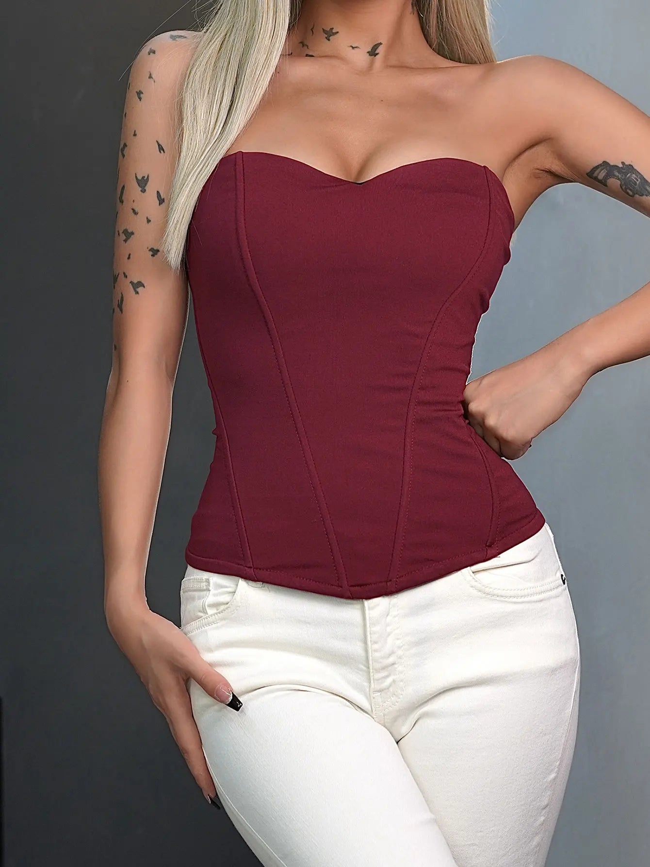Women's black corset top, classic and stylish solid color off-the-shoulder sexy bandeau tank top, waist-cinching design to flatt