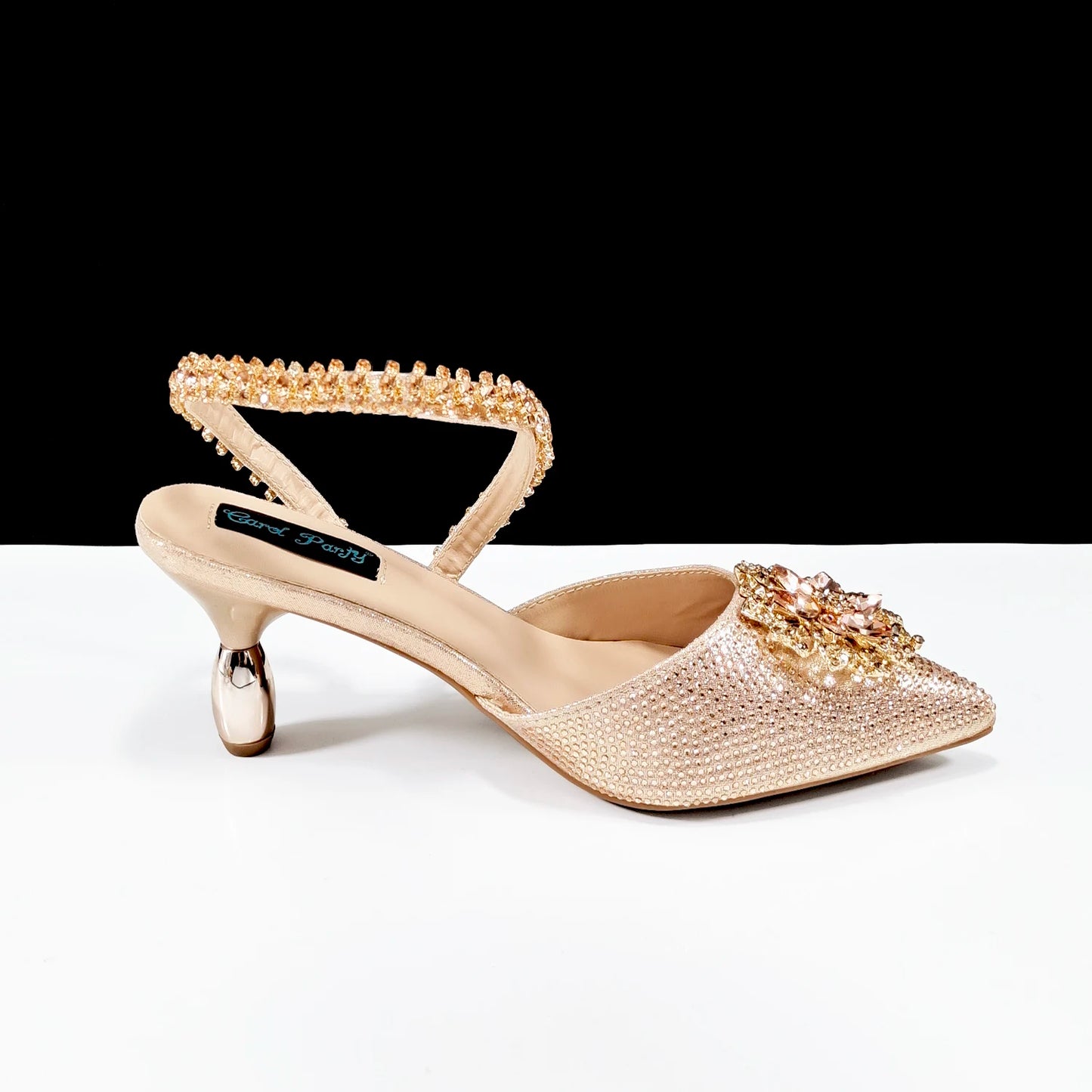 Party Perfection: Rhinestone-Embellished Heels and Gold Mini Bag for Elegant Nights