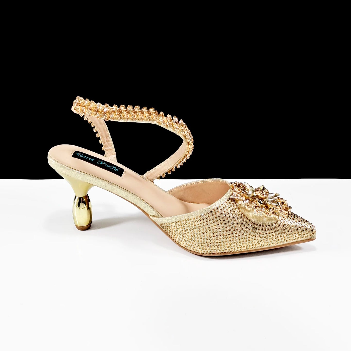 Party Perfection: Rhinestone-Embellished Heels and Gold Mini Bag for Elegant Nights