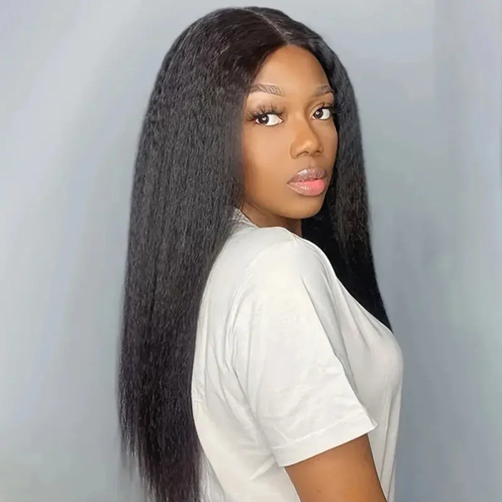 13x4 Kinky Straight Lace Front Human Hair Wig With Kinky Edges Baby Hair Glueless Yaki Straight HD Lace Frontal Wig 250% Denisty