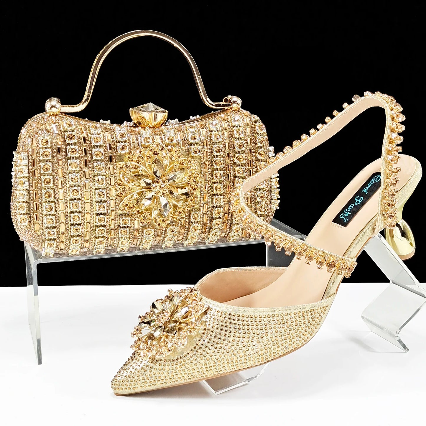 Party Perfection: Rhinestone-Embellished Heels and Gold Mini Bag for Elegant Nights