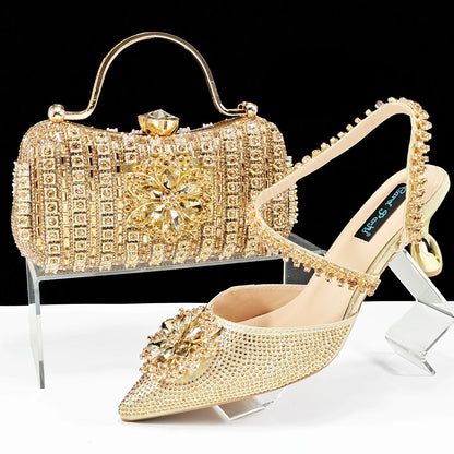 Party Perfection: Rhinestone-Embellished Heels and Gold Mini Bag for Elegant Nights