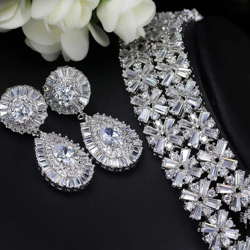 Luxury Wedding Indian Bridal Jewelry Sets Women Snowflakes Cubic Zirconia 4 pcs Necklace Earrings for Women