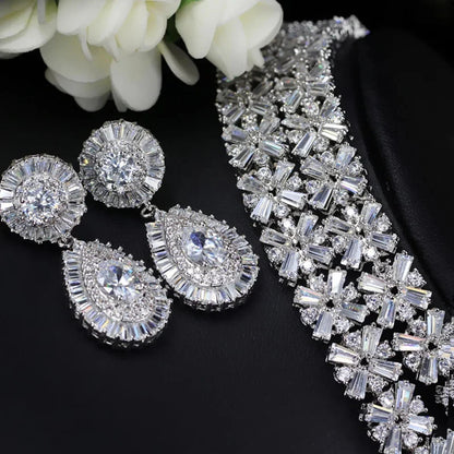 Luxury Wedding Indian Bridal Jewelry Sets Women Snowflakes Cubic Zirconia 4 pcs Necklace Earrings for Women