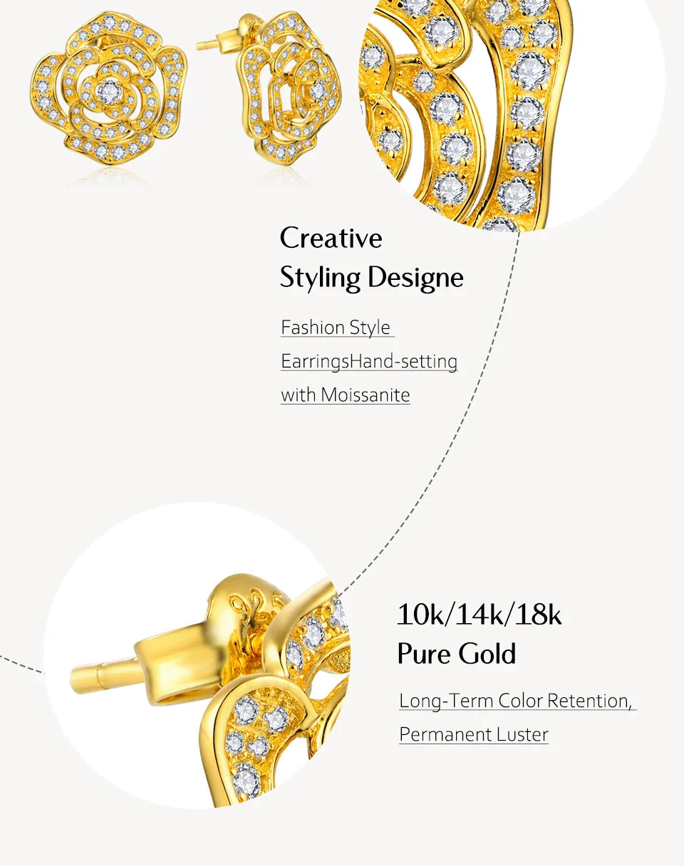 New S925 Silver Diamond Moissanite Stud Earrings for Women 18k Gold Plated Sparkling Flower Wedding Fine Jewelry Travel