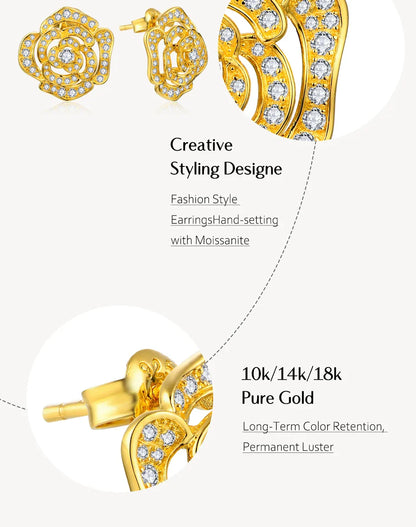 New S925 Silver Diamond Moissanite Stud Earrings for Women 18k Gold Plated Sparkling Flower Wedding Fine Jewelry Travel