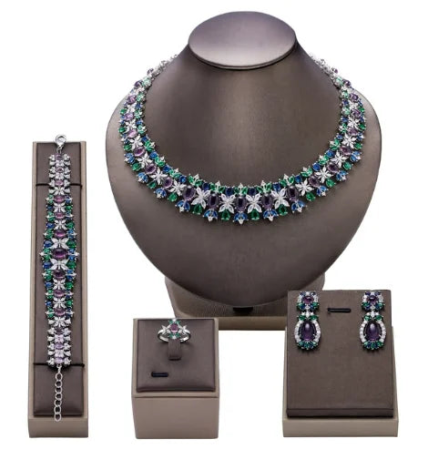 New Luxury Green Blue CZ Crystal Turquoise Earrings Necklace 4PCS Wedding Bridal Jewelry Set for Party