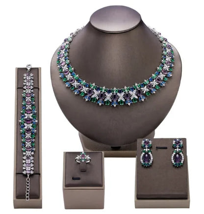 New Luxury Green Blue CZ Crystal Turquoise Earrings Necklace 4PCS Wedding Bridal Jewelry Set for Party