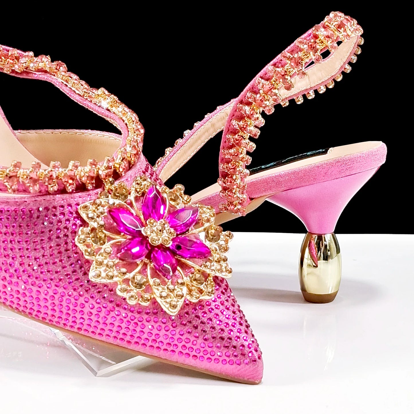 Party Perfection: Rhinestone-Embellished Heels and Gold Mini Bag for Elegant Nights