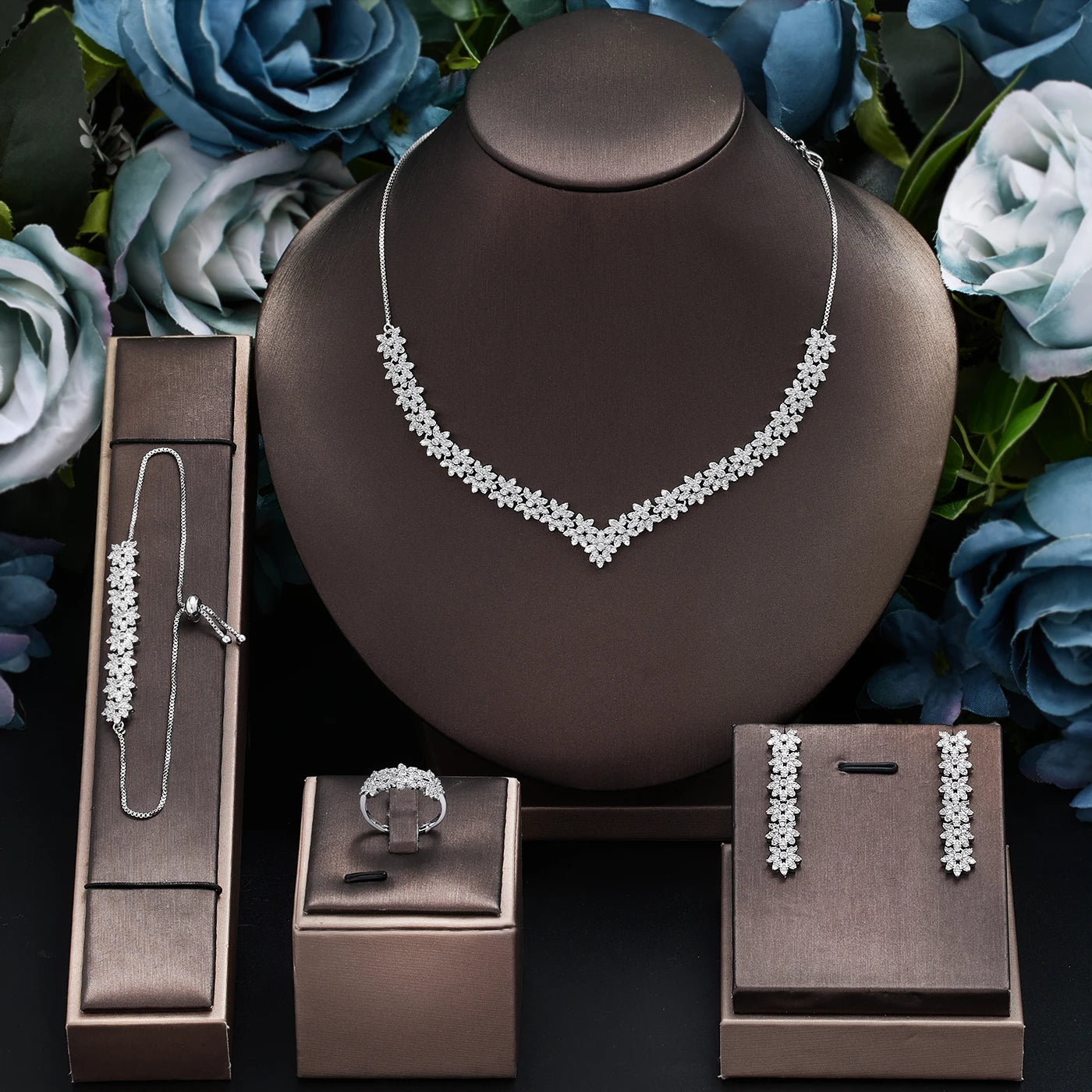 4pcs Bridal Zirconia Full Jewelry Sets For Women Party, Luxury Dubai Nigeria CZ Crystal Wedding necklace sets