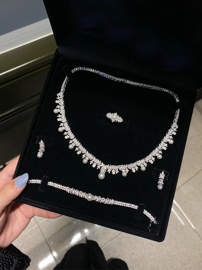 2023 New Cubic zirconia Pearl Necklace Earrings Set of 4 Women's Wedding Party All Zircon Dubai Bridal Jewelry Set Gift