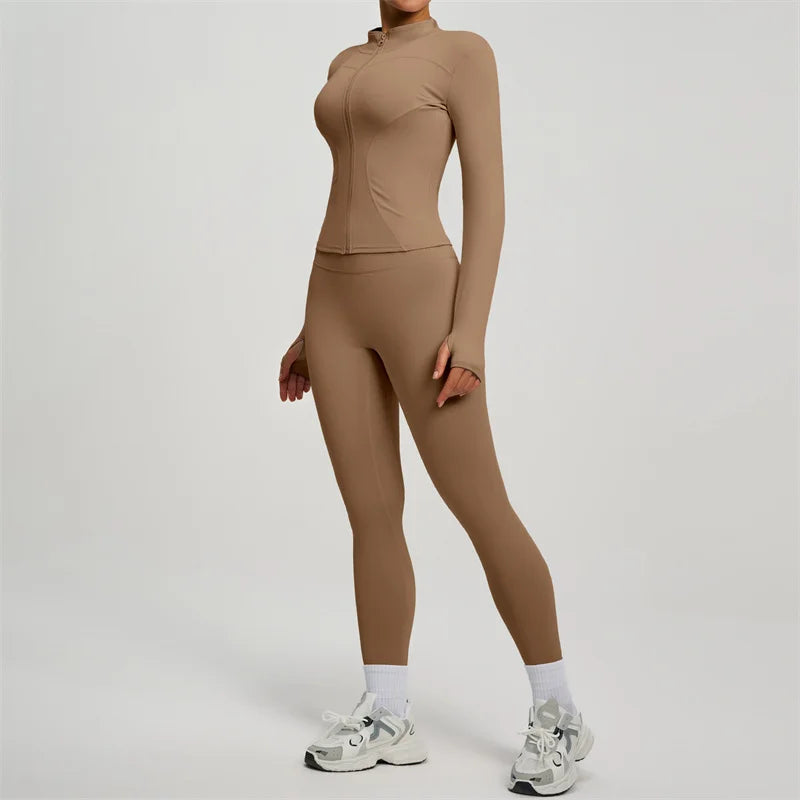 Yoga Coat Sports Top Long Sleeve Jacket Fitness Breathable Women's Tracksuit High Waist Leggings Two Piece Set Gym Clothes