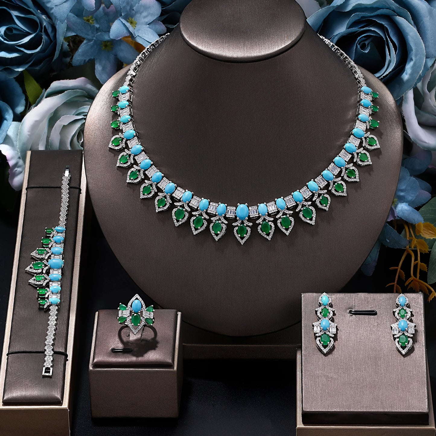 2024 New Fashion Turquoise UAE Dubai Bridal Jewelry Set For Women Wedding Party Nigerian African Necklace Earring Set