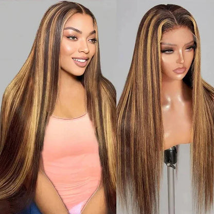 Brown P4/27 Straight 13x4 Lace Frontal Human Hair Wigs Brazilian Highlight Colored Lace Front Wig For Women 28 30 32 34 36 Inch