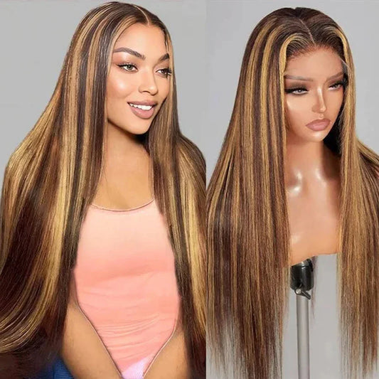 Brown P4/27 Straight 13x4 Lace Frontal Human Hair Wigs Brazilian Highlight Colored Lace Front Wig For Women 28 30 32 34 36 Inch