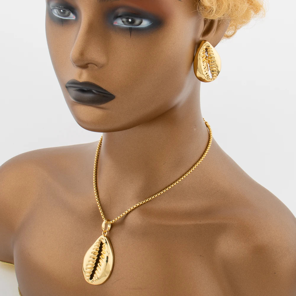 Jewelry Set Copper Women African Shell Shape Design Earrings Pendant Bracelet Ring Dubai Arab Turkis Jewelry